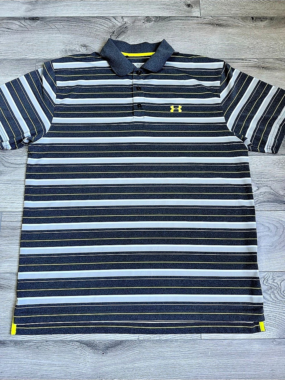 Under Armour Tech Polo Striped Polo in Gray & Yellow Size 2XL Like New
